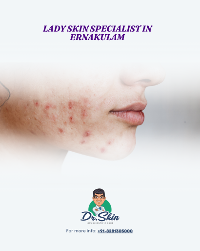 A professional lady dermatologist consulting a patient in a modern clinic.